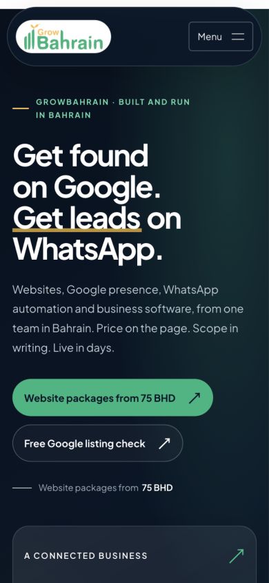 GrowBahrain homepage on mobile